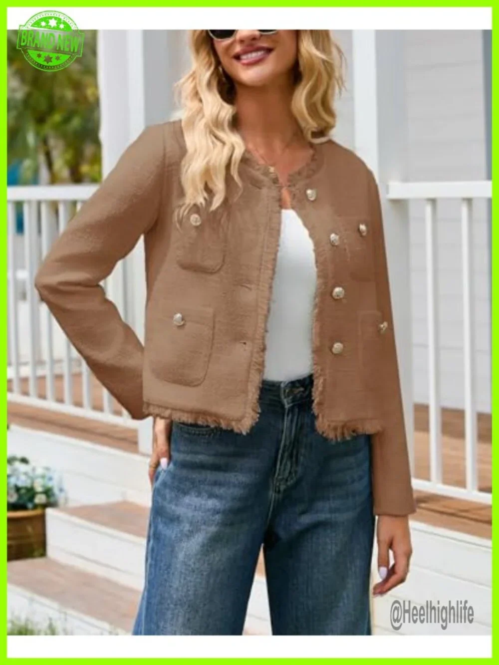 Cropped Tweed Blazer Jacket for Women - Collarless Long Sleeve Button Down Work